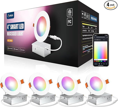Amico 4 Pack 4 Inch Smart LED Recessed Lighting, WiFi Bluetooth Canless Downlight with Junction Box, RGB & 2700-6500K Color Changing, 10W=70W 800LM, Voice&Remote&Group Control