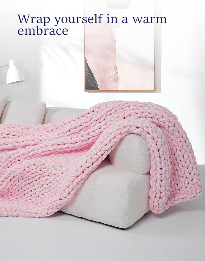 YnM Weighted Blanket, Handmade Chunky Knitted Design, Soft and Cozy, Temperature Regulating and Breathable, Machine Washable Throw for Sleep or Home Decor (Pink Fancy Yarn, 50x60 Inch, 10lbs)