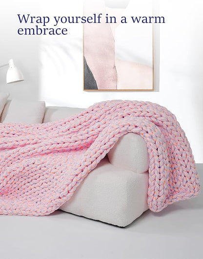 YnM Weighted Blanket, Handmade Chunky Knitted Design, Soft and Cozy, Temperature Regulating and Breathable, Machine Washable Throw for Sleep or Home Decor (Pink Fancy Yarn, 50x60 Inch, 10lbs)