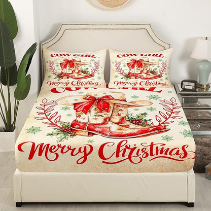 Cowgirl Christmas Bed Sheet Set 3 Pieces,Xmas Snowflake Red Bow Bedding Set(No Flat Sheet),Western Tribal Boots Cap Texas Stars Vintage Brown Fitted Sheet,2 Pillow Cases,Full Size