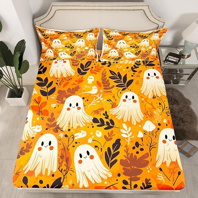 Manfei Halloween Ghosts Bed Sheet Set 3 Pieces,Cute Ghost Skull Graffiti Trippy Microfiber Bedding Set Without Flat,Rustic Farmhouse Botanical Leaves Orange Fitted Sheet,2 Pillow Cases,Full Size