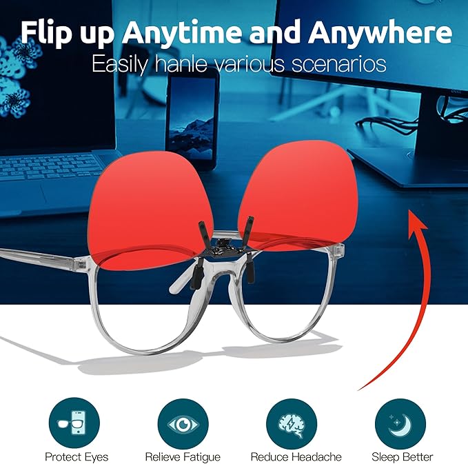 Trysee Square Clip-On Flip-Up Blue Light Blocking Glasses for Eyes Strain/Light Sensitive TS1008