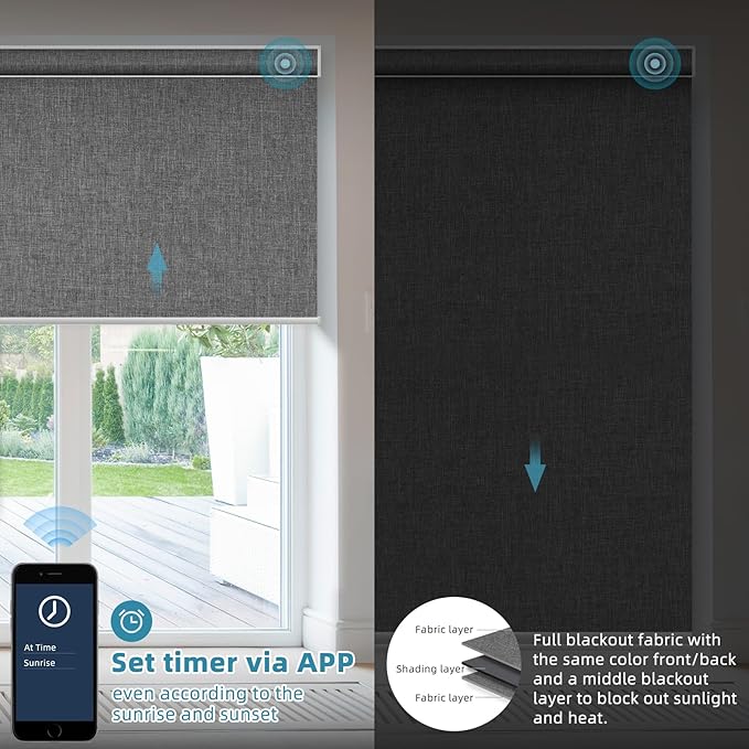 SmartWings Motorized Smart Blinds with Remote, Automatic Blackout Roller Shade Work with Alexa Homekit Thread Google Z-Wave, Electric Blind for Window, Custom Width Up to 110" W,Bouvardia Medium Grey