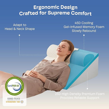 2PCS Wedge Pillow, 12" Wedge Pillow for Acid Reflux, Back Pain Relief, Cooling Memory Foam Top, Bed Wedge Pillows for Headboard, Sleeping, Snoring, Back Support, After Surgery.
