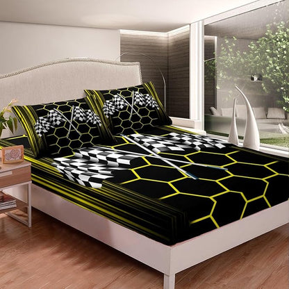 Yellow Honeycomb Geometric Fitted Sheet Queen Size Racing Car Bedding Sheet Set,Checkered Flag Bed Cover Ultra Soft Breathable Bedding 3 Pcs
