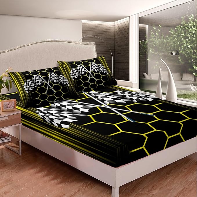 Checkered Flag Bedding Set Twin Size Racing Car Bed Set for Teens Bedroom Decor Kids Sheet Microfiber Yellow Honeycomb Geometric Bed Cover(1 Fitted Sheet+1 Pillow Case)