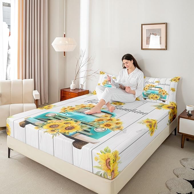 Sunflower Boys Girls Bed Sheets,Truck Flower Wooden Natural Room Decor,Floral Rustic Farmhouse Kids Twin Size Fitted Sheet,White Yellow Bedding Set,1 Pillowcase(No Flat)