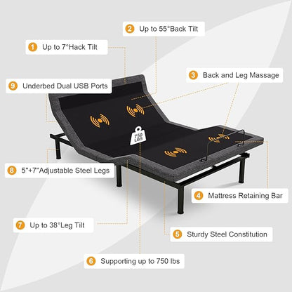 MUUEGM Adjustable Bed Base Frame, Ergonomic Electric Bed Bases with Wireless Remote Control and Head-Pillow-tilt, USB A&C, Massage, Zero Gravity, Anti-Snore, Full