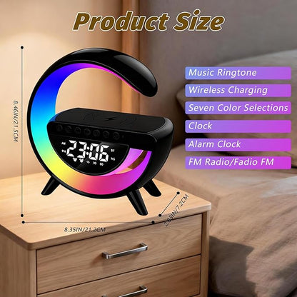 Wireless Charging Table Lamp, Multifunctional Bluetooth Speaker & Alarm Clock - LED Bedside Desk Lamp Night Light for Heavy Sleepers, Superfine Bedroom Home Decoration (Black)
