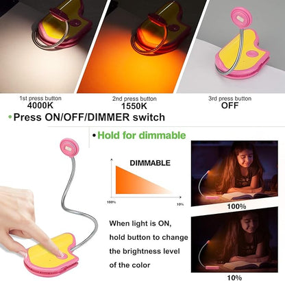 Amber Reading Light Rechargeable, Book Light Kids for Reading in Bed, Clip On Reading Book Light, 2 Lighting Modes, Blue Light Blocking for Eye-Care, Small Bookmark Light for Bookworm-Pink