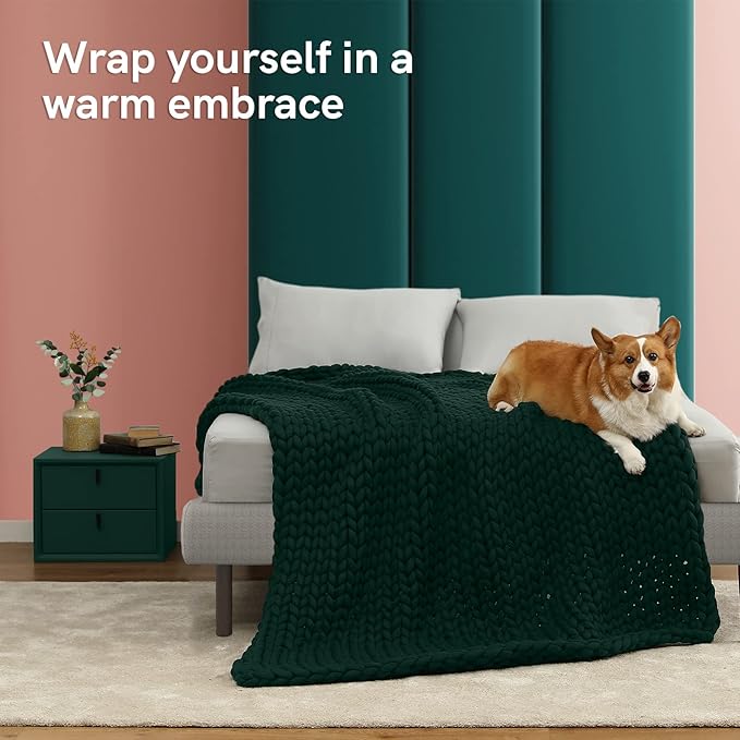 YnM Knitted Weighted Blanket, Handmade Chunky Knitted Design, Soft and Cozy, Temperature Regulating and Breathable, Machine Washable Throw for Sleep or Home Decor (Pacific Green, 60x80 Inch, 20lbs)