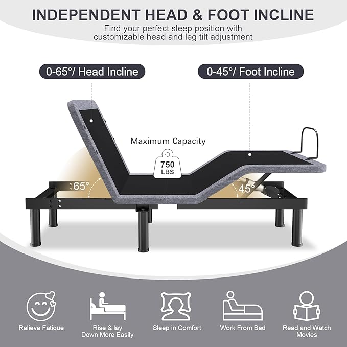 Vipbear Twin XL Adjustable Beds with Thickened Frame, Adjustable Bed Frame with with Wireless Remote, Separate Head/Foot Lift, Massage, Zero Gravity,USB Ports, Adjustable Bed Bases with Sturdy Metal