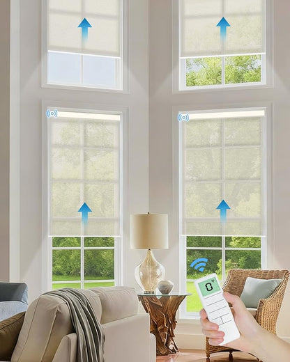 Motorized Solar Roller Shades with Remote Control, Light Filtering Smart Blinds for Windows Work with Alexa Google via Hub, Rechargeable Electric Shade Customized Size (Fireproof Beige)