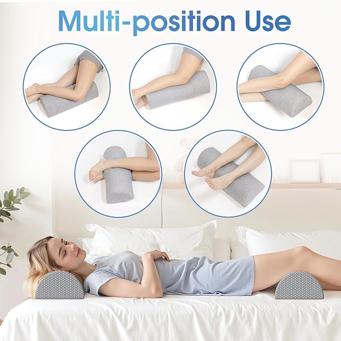 2 Pack Knee Pillow for Back Sleeping Memory Foam Half Moon Bolster Pillow for Legs, Under Knee Support, Ankle & Foot Comfort Orthopedic Pillow for Side Sleepers, Grey