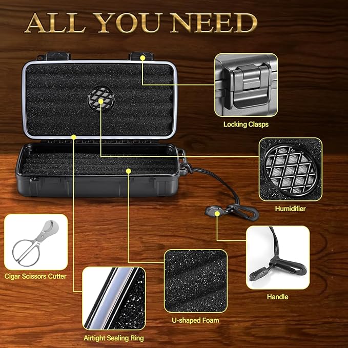 Portable Cigar Humidor Case - Travel Cigar Box with Built-in Humidifier Disc, Stickers & Cigar Cutter | Airtight | Portable | Water/Crushproof (Holds up to 5 Cigars)