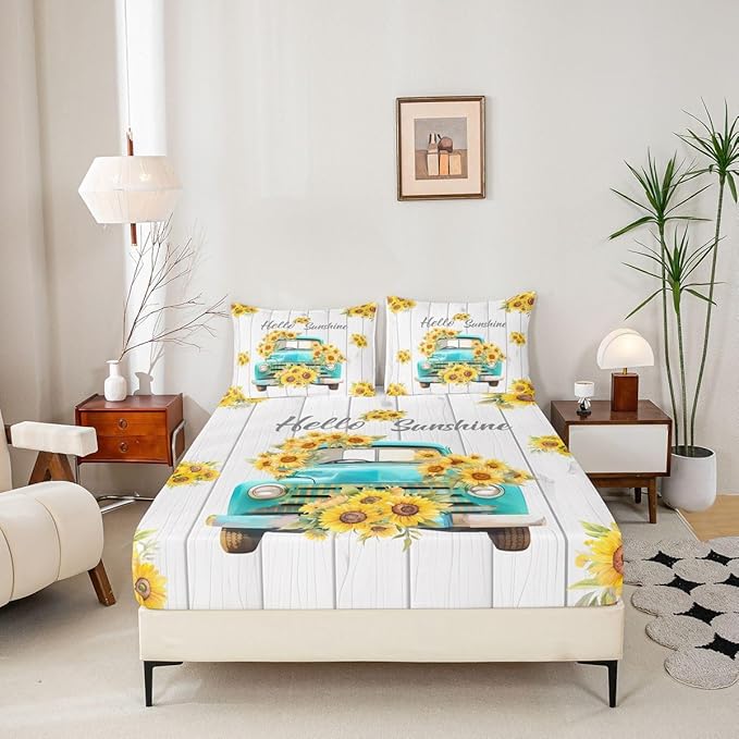 Sunflower Kids Full Size Fitted Sheet,Truck Flower Wooden Natural Room Decor,Floral Rustic Farmhouse Boys Girls Bed Sheets,White Yellow Bedding Set,2 Pillowcases(No Flat)