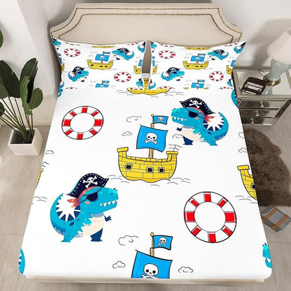 Dinosaur Captain Fitted Sheet Queen 3 Pcs,Boys Nautical Ship Dino Soft Microfiber Sheets Breathable Bedding,Kawaii Animals Watercolor Ocean Adventure Bedsheet with Deep Pocket