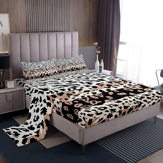 Manfei Leopard Sheet Set Twin,Cow Cowhide Fur Bed Sheet 3pcs with Deep Pocket Fitted Sheet + Flat Sheet + 1 Pillowcase Animal Fur Stripes Design Soft Brown Bedding Set for Kids Teens Adult