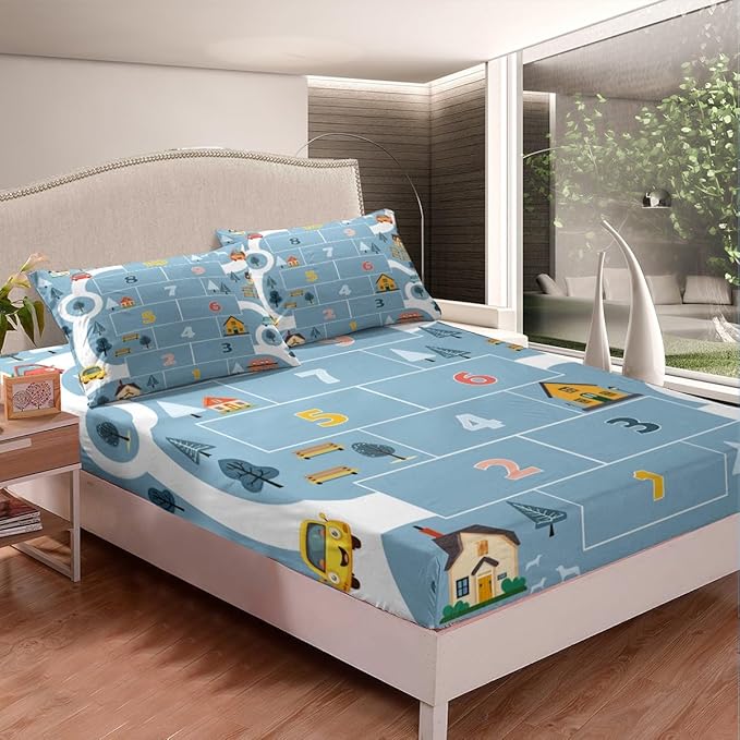 Rertro Blue Farmhouse Fitted Sheet Full Size,Cartoon House Building City Trees Bedding All-Round Elastic Pocket,Digital Graffiti Boys Teens Bed Sheet 3 Pieces Fits Mattress(No Flat Sheet)