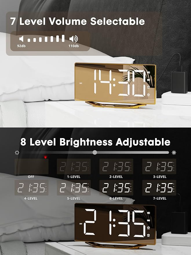 Loud Alarm Clock for Heavy Sleeper, 2 Alarms Big Display Clock with Bed Shaker for Hard of Hearing Deaf,Plug in Bedroom Mirror Clock,Phone Charger,Dimmer,Simple Digital Clock for Senior Adult Teen Kid