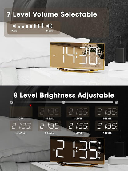 Loud Alarm Clock for Heavy Sleeper, 2 Alarms Big Display Clock with Bed Shaker for Hard of Hearing Deaf,Plug in Bedroom Mirror Clock,Phone Charger,Dimmer,Simple Digital Clock for Senior Adult Teen Kid