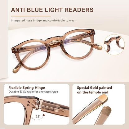 EASY READ Retro Round Blue Light Blocking Reading Glasses for Women,Anti UV Readers for Women with Spring Hinge
