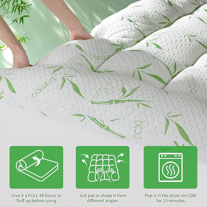 3 Inch Mattress Topper Short Queen Size - 1500GSM 3D+7D Down Alternative Fill Pillow Top Mattress Pad, Viscose Made from Bamboo Cover, Extra Firm for Back Pain, 6"-18" Deep Pocket (60"x75")