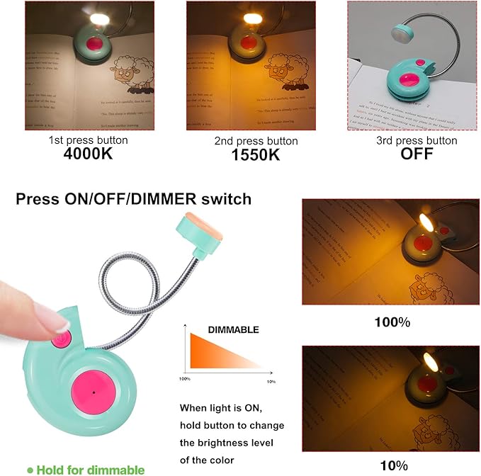 Kids Rechargeable Book Light, Clip on Reading Light for Kid, Kids Reading Lights, Amber Book Light for Reading in Bed, 2 Lighting Modes, Blue Light Blocking, Bookmark Light for Bookworms-Blue