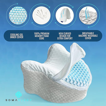 SelectSoma Knee Pillow for Side Sleepers with Cooling Memory Foam Gel Cover - Leg Cushion for Pain Relief in Sciatica, Back, Hips, Knees, and Joints - Body Positioner for Maternity, Rest, and Sleep