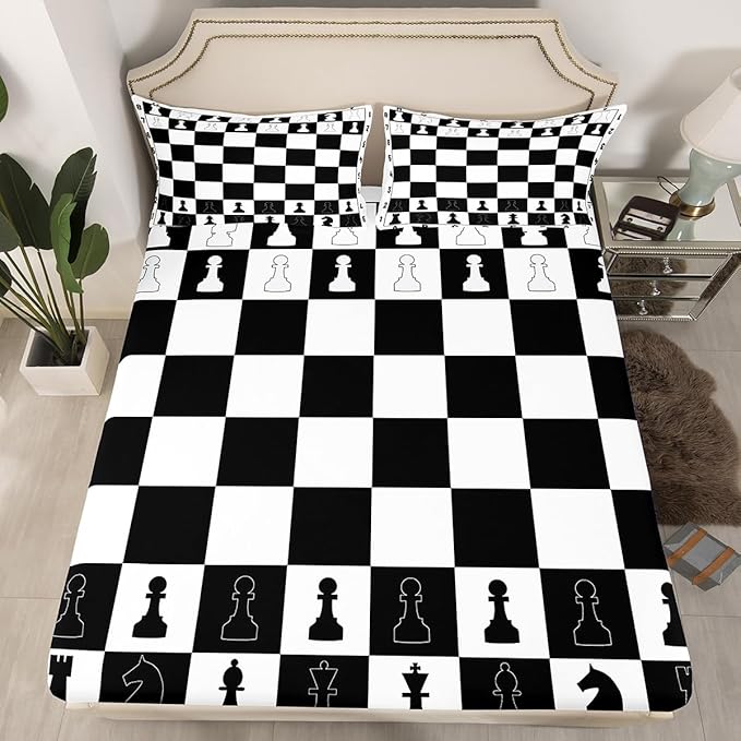 Checkerboard Fitted Sheet Set Full Size 4 Pcs,International Chess Modern Chess Sport Game Teens Sheets,Geometric Checker Plaids Grids Black White Bedding Sets (1 Fitted,1 Flat,2 Pillowcases)