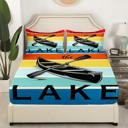Lake Theme Kids Fitted Sheet Full Size,Lake House Fishing Camping Boating Adventure Bedding Set,Boys Girls Room Decor,Geometric Stripes Bed Cover,Colorful Bed Sheet,2 Pillowcases(No Top Sheet)