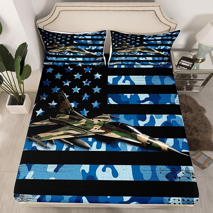 Manfei Airplane Sheet Set Full Size, Army Camouflage Aircraft Bedding Set for Kid Boy Room Decor, Blue Camo American Flag Bed Sheet Set 4pcs with Deep Pocket Fitted Sheet + Flat Sheet + 2 Pillowcases