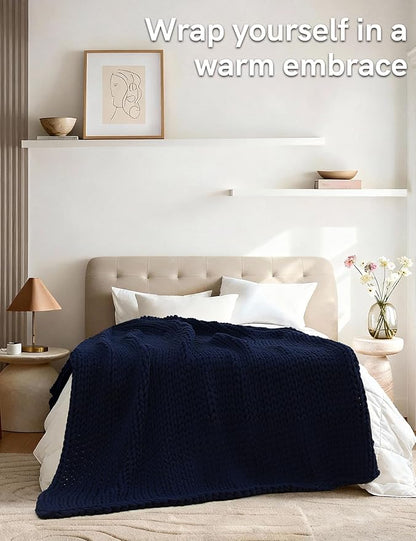 YnM 100% Cotton Weighted Blanket, Handmade Chunky Knitted Throw, No fillers Design, Soft and Breathable, Machine Washable Bed Blanket for Sleep or Home Decor (Navy Blue, 60x80 Inch, 25lbs)