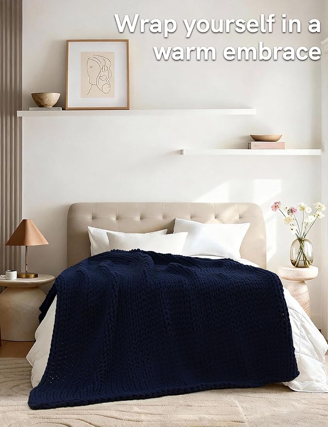 YnM 100% Cotton Weighted Blanket, Handmade Chunky Knitted Throw, No fillers Design, Soft and Breathable, Machine Washable Bed Blanket for Sleep or Home Decor (Navy Blue, 50x60 Inch, 15lbs)
