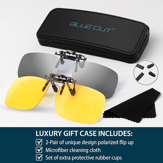 BLUE CUT Clip on Polarized Night vision Glasses Flip up Sunglasses UV-400 to Wear Over prescription Glasses for night driving