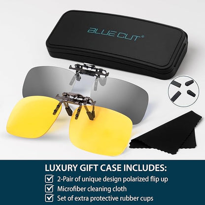 BLUE CUT Clip on Polarized Night vision Glasses Flip up Sunglasses UV-400 to Wear Over prescription Glasses for night driving