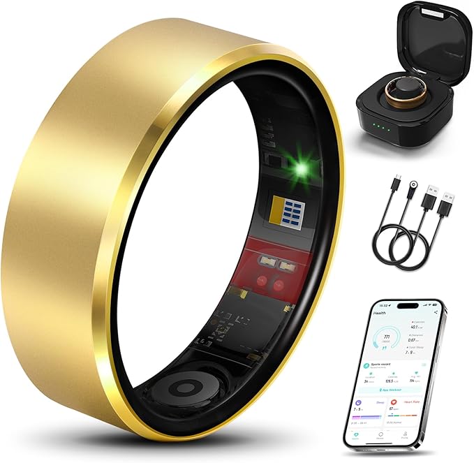 Smart Health Ring 2.0 for Women Men, Slim Scratch & Fingerprint Resistant Design, Efficient Chip Fitness Tracker, Monitors Heart, Blood Oxygen & Pressure, Sleep, Steps, Waterproof, Gold 6
