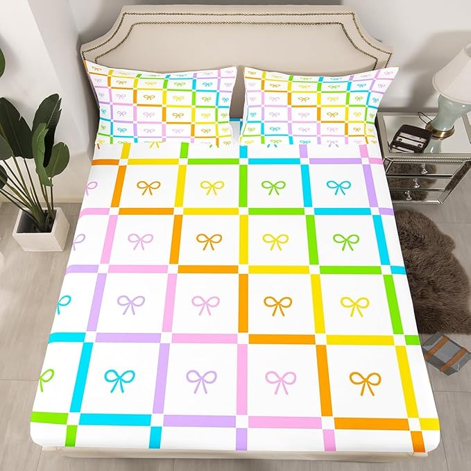 Rainbow Bowknot Fitted Sheet,Gradient Colorful Bow-tie Cartoon Princess Sheet Set for Girls Ultra Soft Room Gift,Geometric Striped Plaids Patchwork Bedding Set with 2 Pillowcases,Queen Size