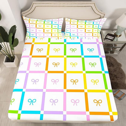 Rainbow Bowknot Fitted Sheet,Gradient Colorful Bow-tie Cartoon Princess Sheet Set for Girls Ultra Soft Room Gift,Geometric Striped Plaids Patchwork Bedding Set with 2 Pillowcases,Queen Size