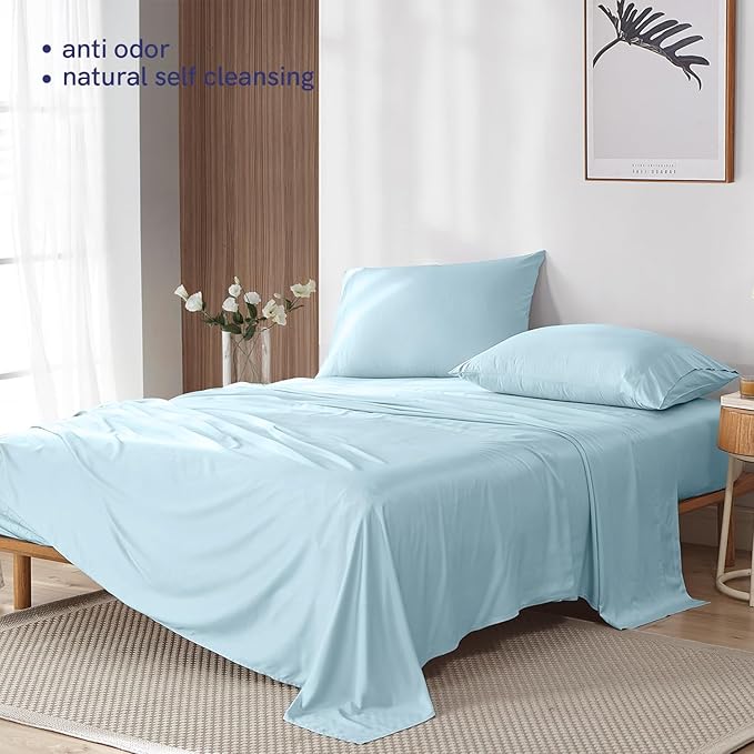 YnM Cooling Bed Sheet Set with 100 Percent Rayon Derived from Bamboo, 400TC Fabric with 1 Pillowcase and Flat Sheet, Deep Pocket Fit 19'', Silky-Soft & Sweat Wicking, 3 Piece (Twin, Light Blue)