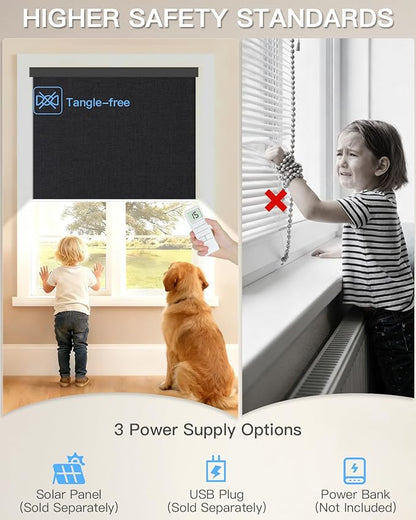 Motorized Roller Shade with Remote Control, Blackout Electric Shade for Windows Compatible with Alexa Google via Hub, Rechargeable Smart Window Blind Customized Size (Fabric Black)
