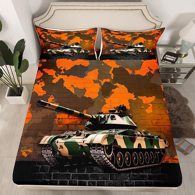 Manfei Tank Sheet Set Queen Size, Orange Camouflage Wall Print Bedding Set for Kids Boys Teens Adults, Camo Vintage Style Bed Sheet Set 4pcs with Deep Pocket Fitted Sheet + Flat Sheet + 2 Pillowcases