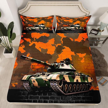 Manfei Tank Sheet Set Queen Size, Orange Camouflage Wall Print Bedding Set for Kids Boys Teens Adults, Camo Vintage Style Bed Sheet Set 4pcs with Deep Pocket Fitted Sheet + Flat Sheet + 2 Pillowcases