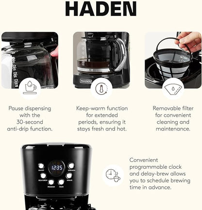 Haden Coffee Machine, 12 Cup Programmable Drip Coffee Maker with Auto Shut-Off Function and Reusable Washable Water Filter, Black & Chrome