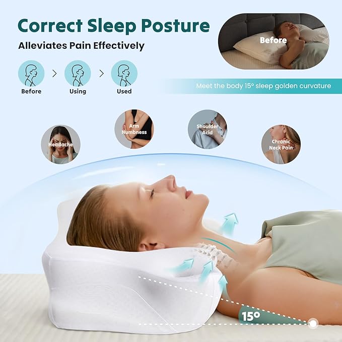 DUMOS Cervical Neck Pillow for Sleeping, Cooling Ergonomic Memory Foam Pillow with Arm Rest Slot and Ice Silk Pillowcase, Dual Height Orthopedic Support Contour for Side, Back, Stomach Sleepers