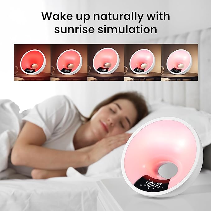 HOM Smart Sunrise Alarm Clock with Wake-Up Light & FM Radio - Digital Clock and Lamp with 7 Natural Sounds and 7 Light Colors - Easy Control via Amazon Alexa and Google Home