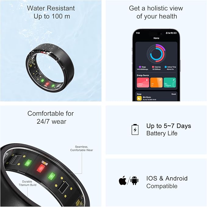 Ring OnePlus - Ultra-Thin Titanium Smart Ring - 7 Days Battery Life - Fitness/SPO₂/Stress/HR/Sleep Skin Temperature Tracker - No App Fee - iOS&Android Compatible (Black,Size 10)