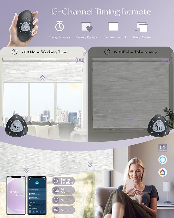 Graywind Motorized Shades 100% Blackout Compatible with Alexa Google WiFi Hardwired Smart Roller Shade Remote Control Automated Blinds, Customized Size (Jacquard White)