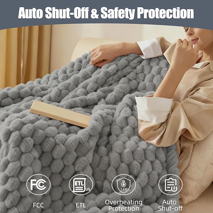 Heated Blanket Electric Blanket Heating, Dual Control Soft Ribbed Faux Fur Electric Blanket with 12 Heat Levels 12H Timer ETL FCC Certified Machine Washable (Gray, King Size - 90" x 100")