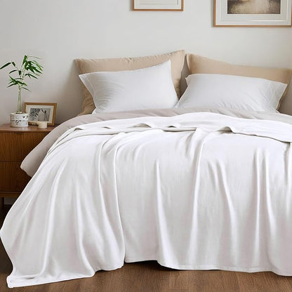Queen Size Blanket, 70% Rayon (Derived from Bamboo) and 30% Cotton, Lightweight Jacquard Weave, Breathable and Soft Summer Blanket for Bed or Couch, 90” x 90”, White